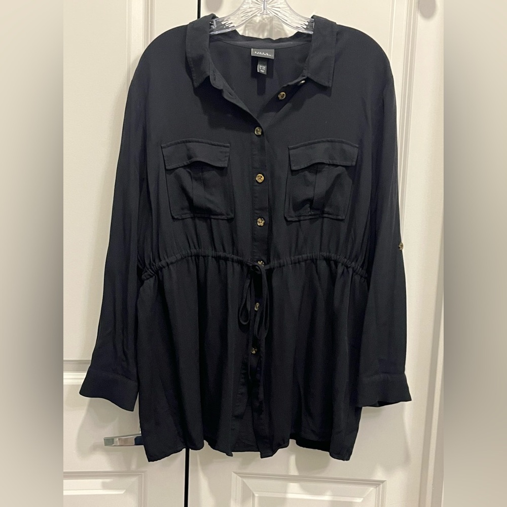 Ulla Popken Black Button Down Top Size 16/18 Drawstring 100% Viscose
